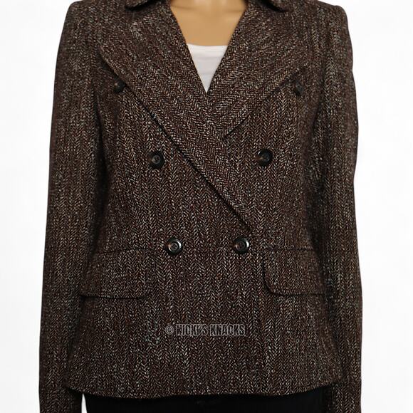 Ellen Tracy Wool Blend Brown Blue Tweed Double Breasted Blazer Jacket Size 6 - Picture 3 of 9